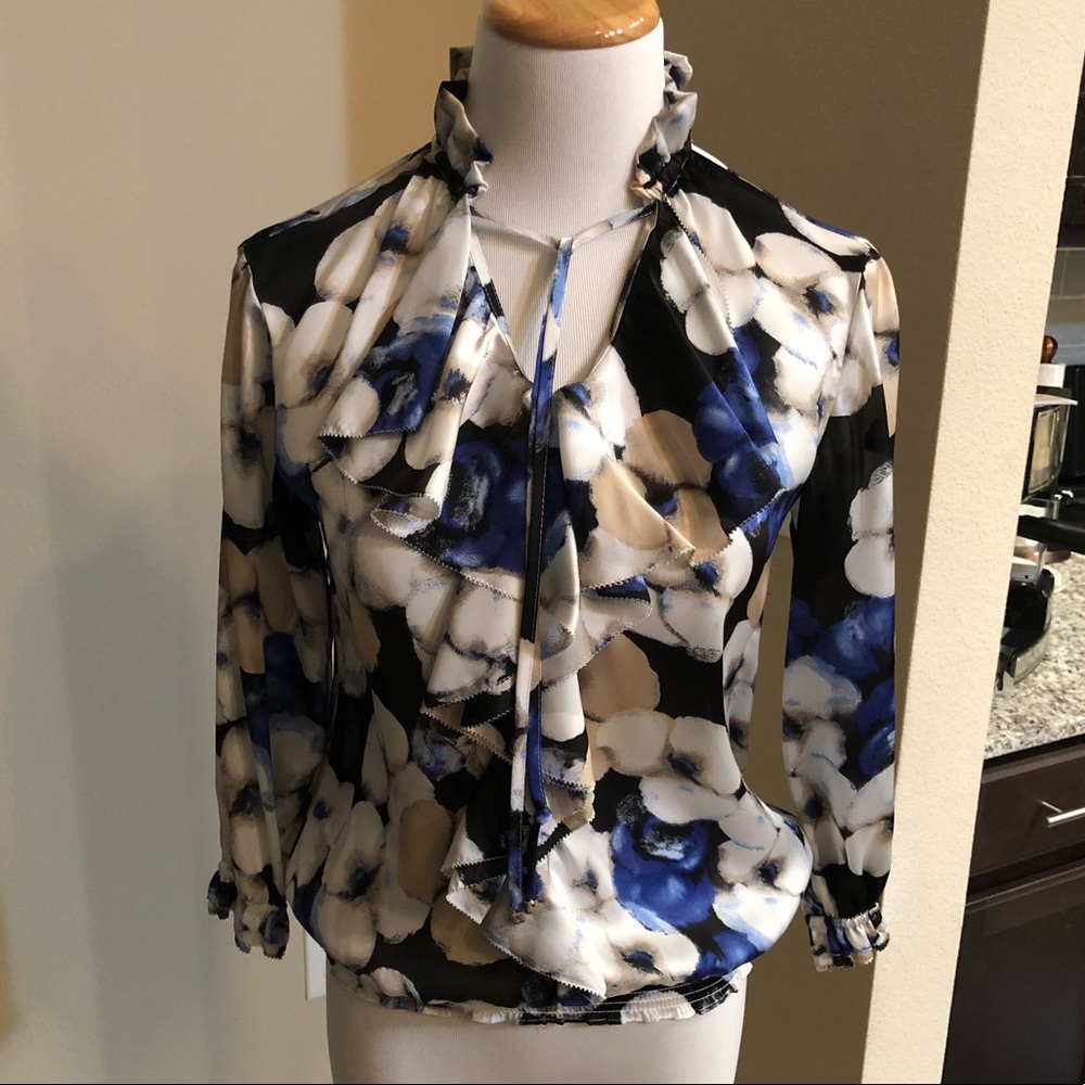 White House Black Market Floral Blouse - Black, Blue, White